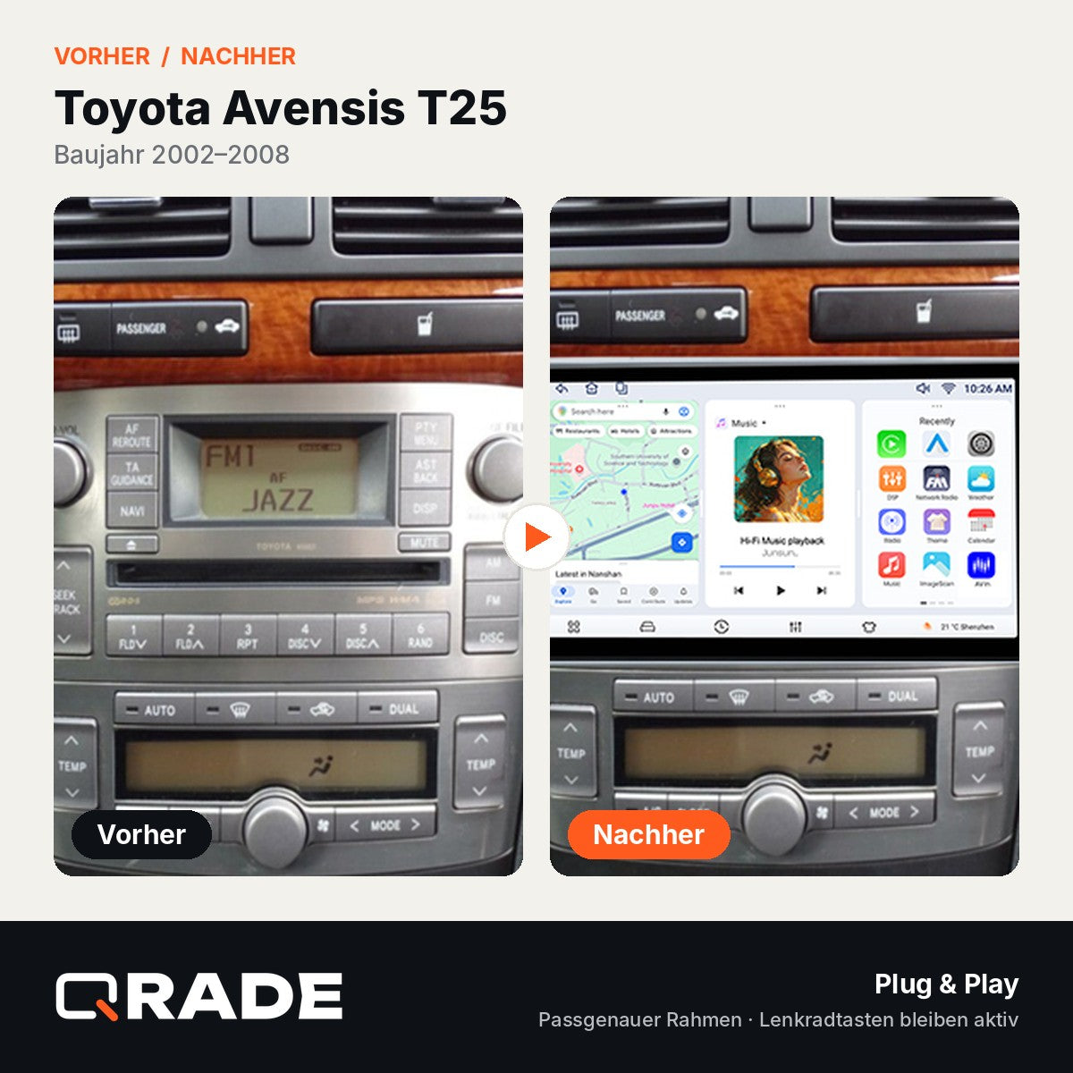 Toyota Avensis 2002-2008 – Autoradio mit Wireless CarPlay & Android Auto (Rahmen AVENSIS028-B)
