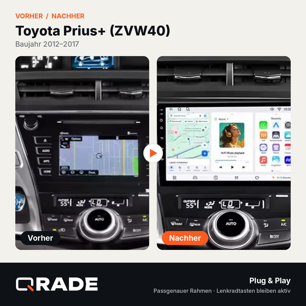 TOYOTA Prius Plus V Alpha 2012-2017 – Autoradio mit Wireless CarPlay & Android Auto (Rahmen braun)