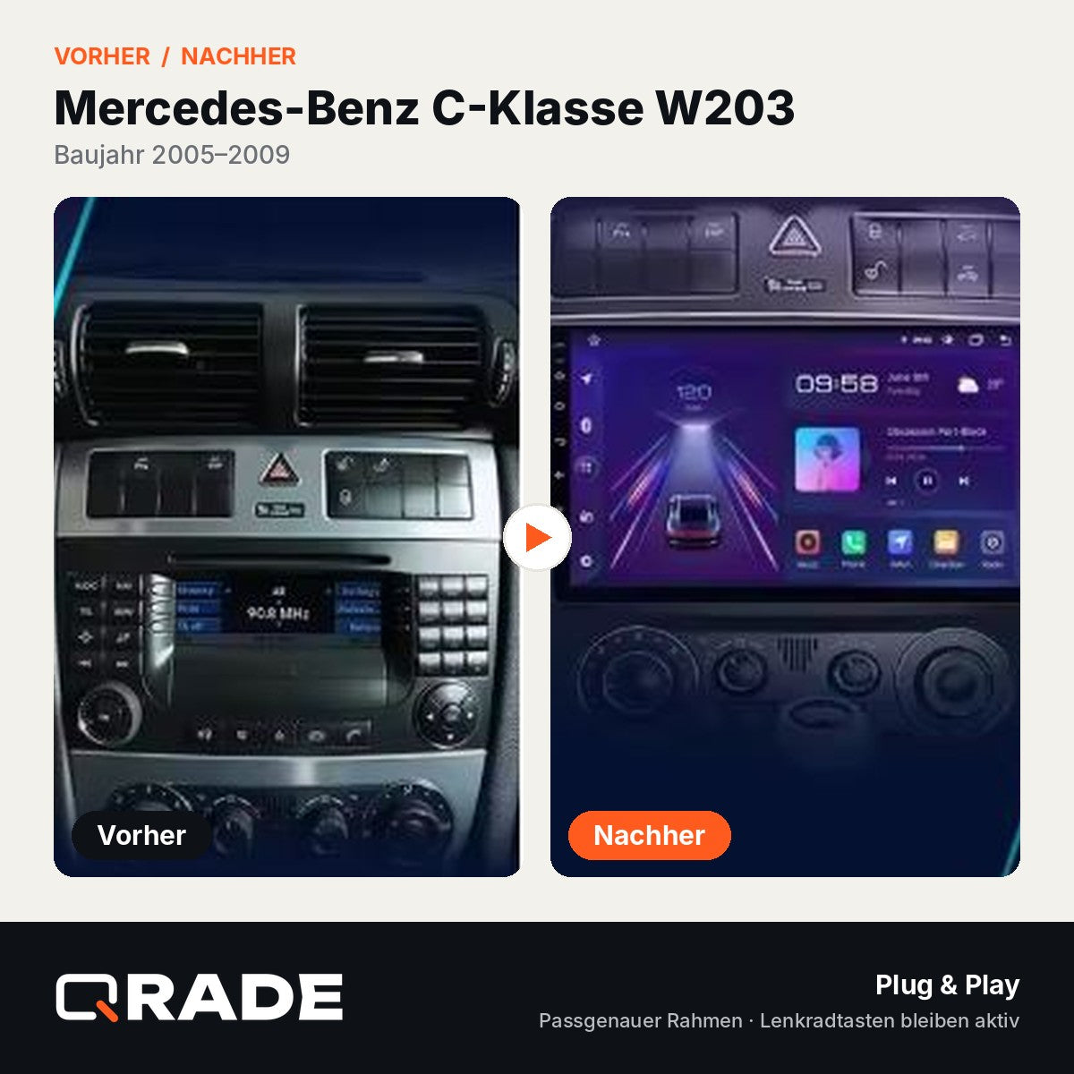 Mercedes Benz C Class W203 2005-2009 C200 C230 C240 C320 C350 CLK W209 – Autoradio mit Wireless CarPlay & Android Auto