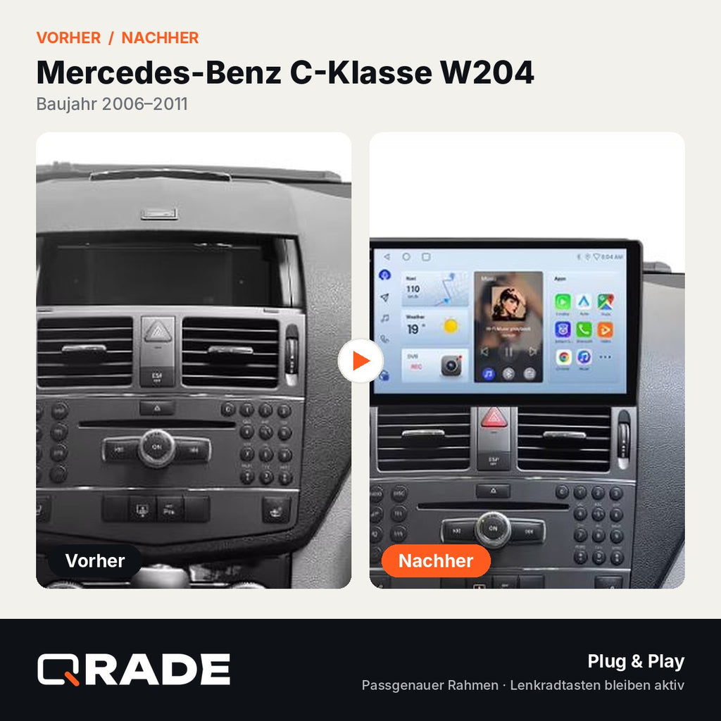 Mercedes Benz C Class 3 W204 S204 2006-2011 – Autoradio mit Wireless CarPlay & Android Auto