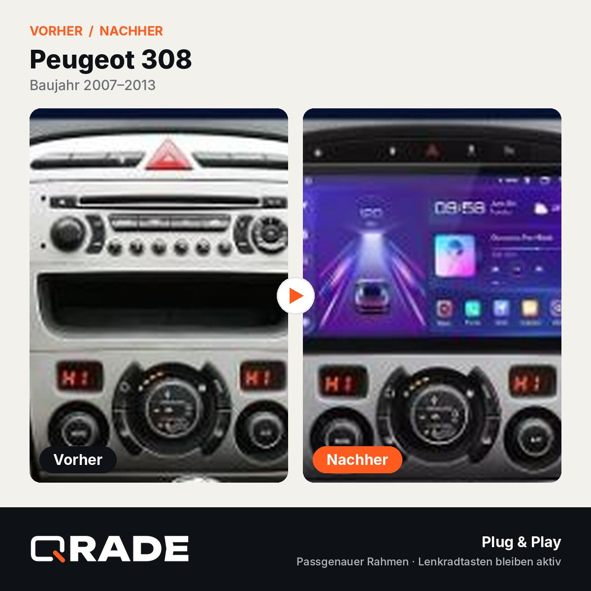 Peugeot 308 2007-2013 – Autoradio mit Wireless CarPlay & Android Auto