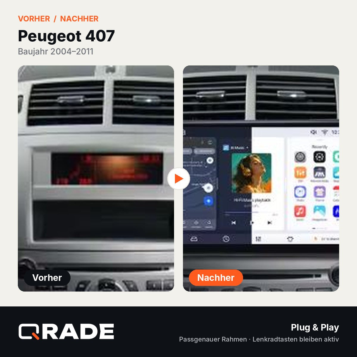 Peugeot 407 2004 - 2011 – Autoradio mit Wireless CarPlay & Android Auto