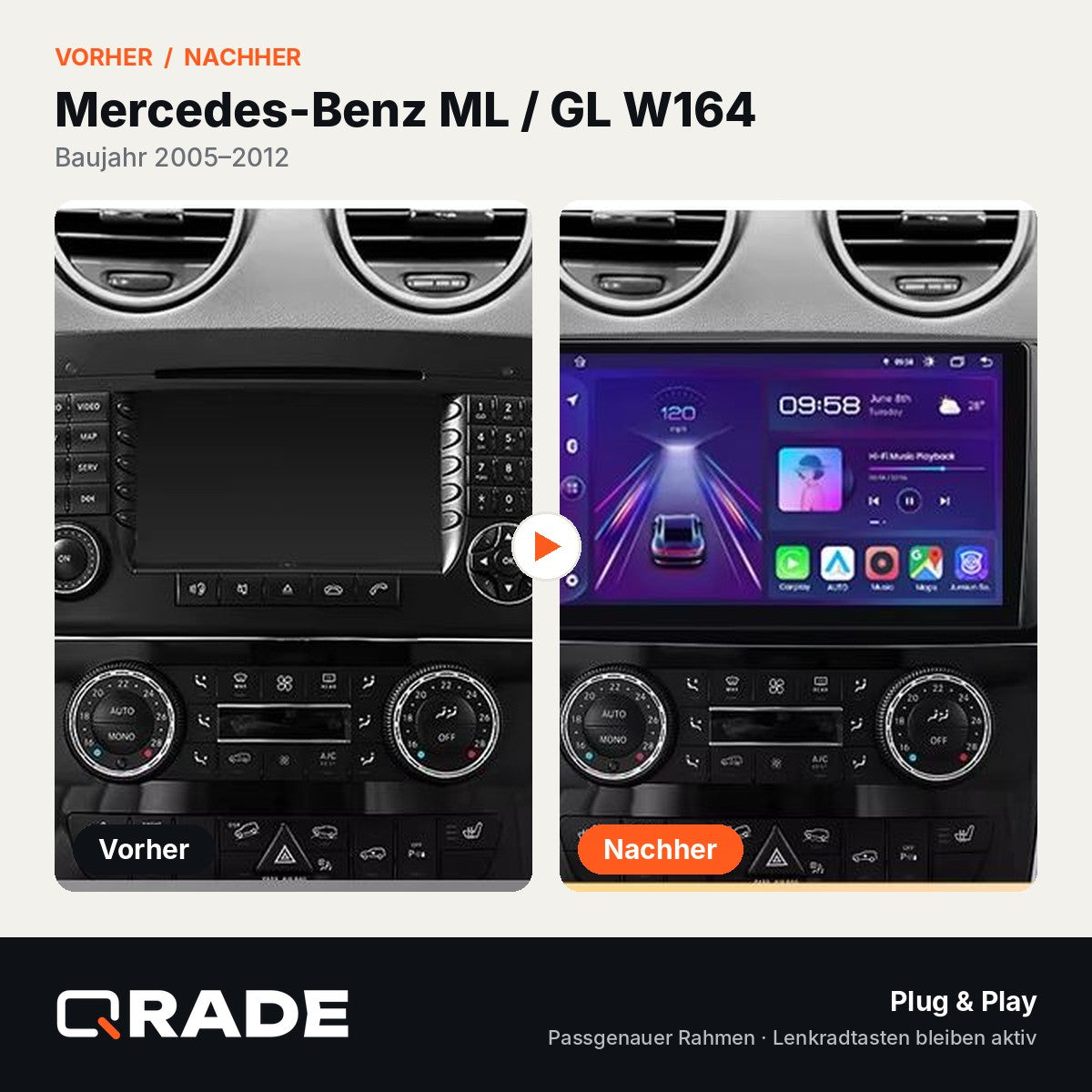 Mercedes Benz W164 ML GL 2005-2012 – Autoradio mit Wireless CarPlay & Android Auto