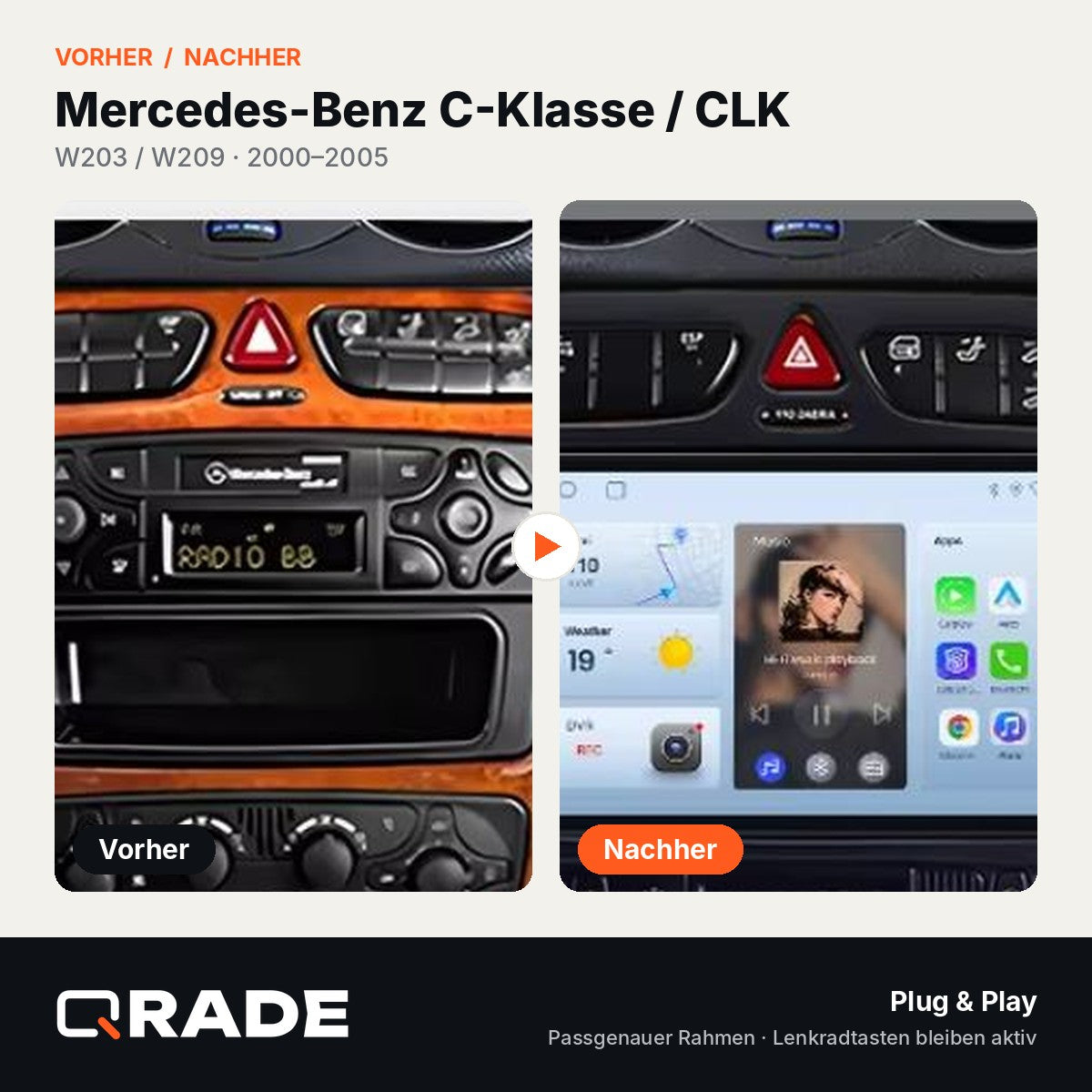 Mercedes Benz C Class CLK Class S203 W203 W209 A209 2000-2005 – Autoradio mit Wireless CarPlay & Android Auto (Rahmen BenzW209（A）)