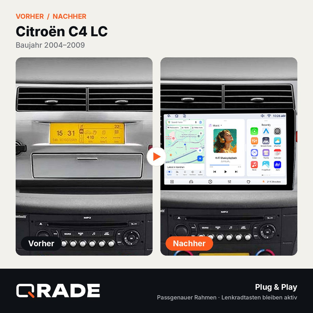 Citroen C4 C-Quatre C-Triomphe 2004-2009 – Autoradio mit Wireless CarPlay & Android Auto (Rahmen C4-409-BK)