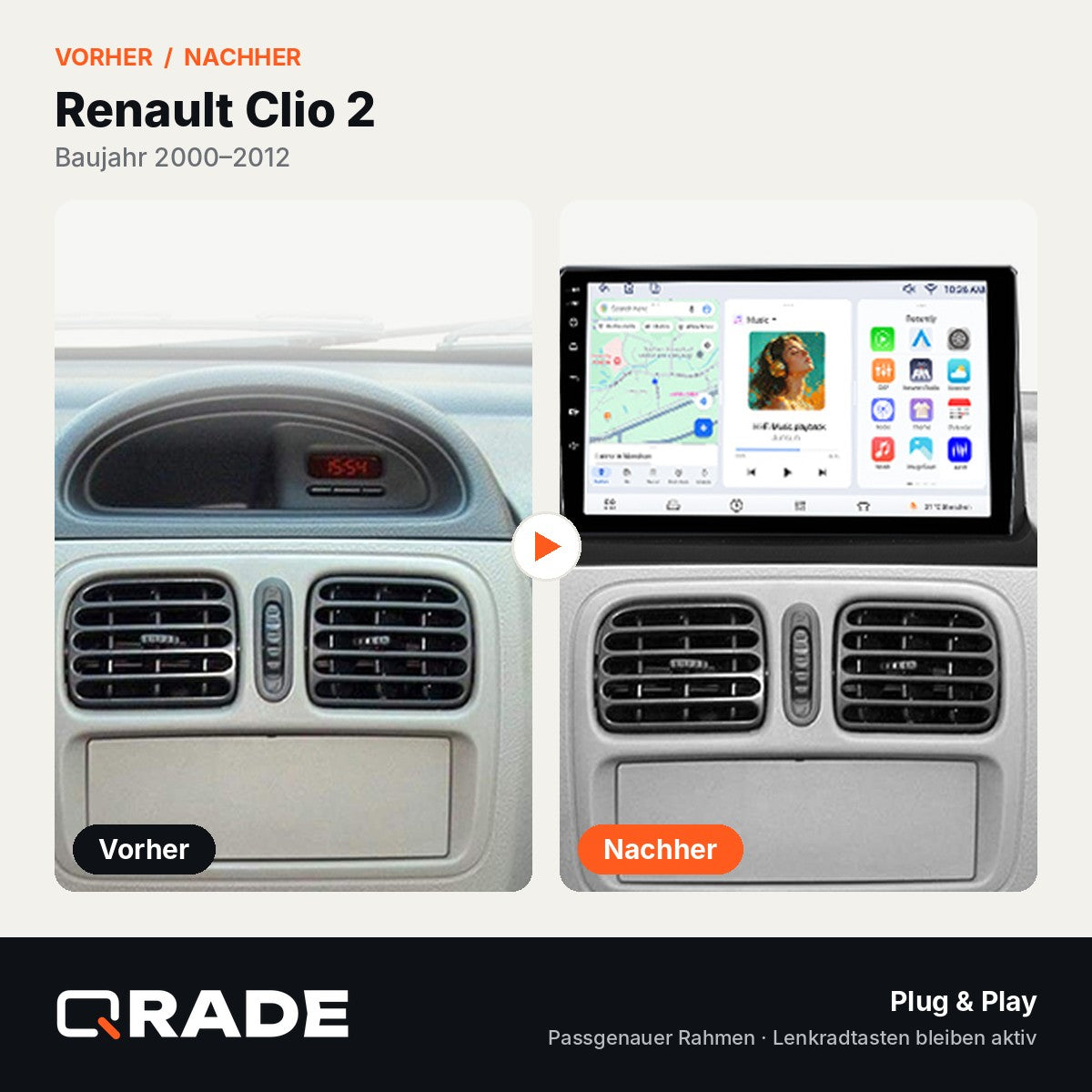 Renault Clio 2 2000 - 2012 – Autoradio mit Wireless CarPlay & Android Auto