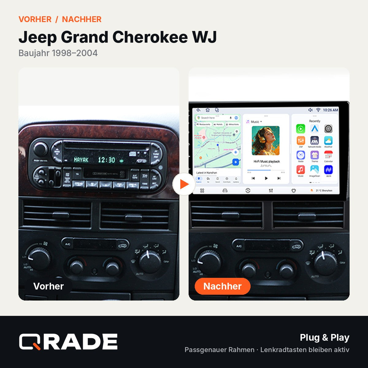 Jeep Grand Cherokee II WJ 1998 - 2004 – Autoradio mit Wireless CarPlay & Android Auto