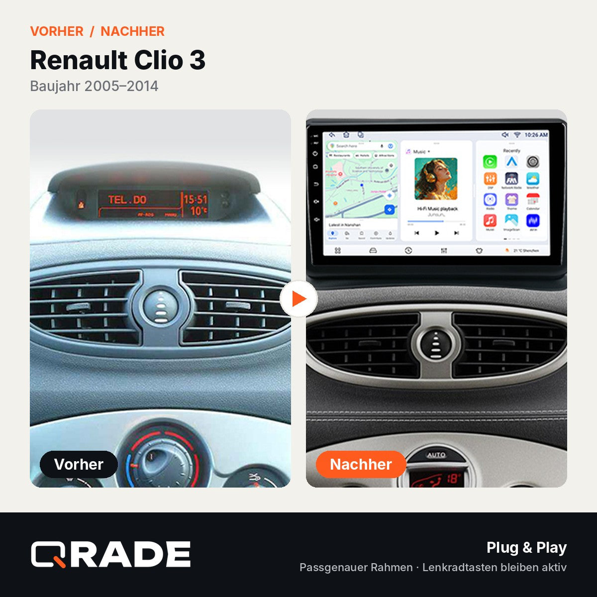 Renault Clio 3 2005-2014 – Autoradio mit Wireless CarPlay & Android Auto (Rahmen Clio514)