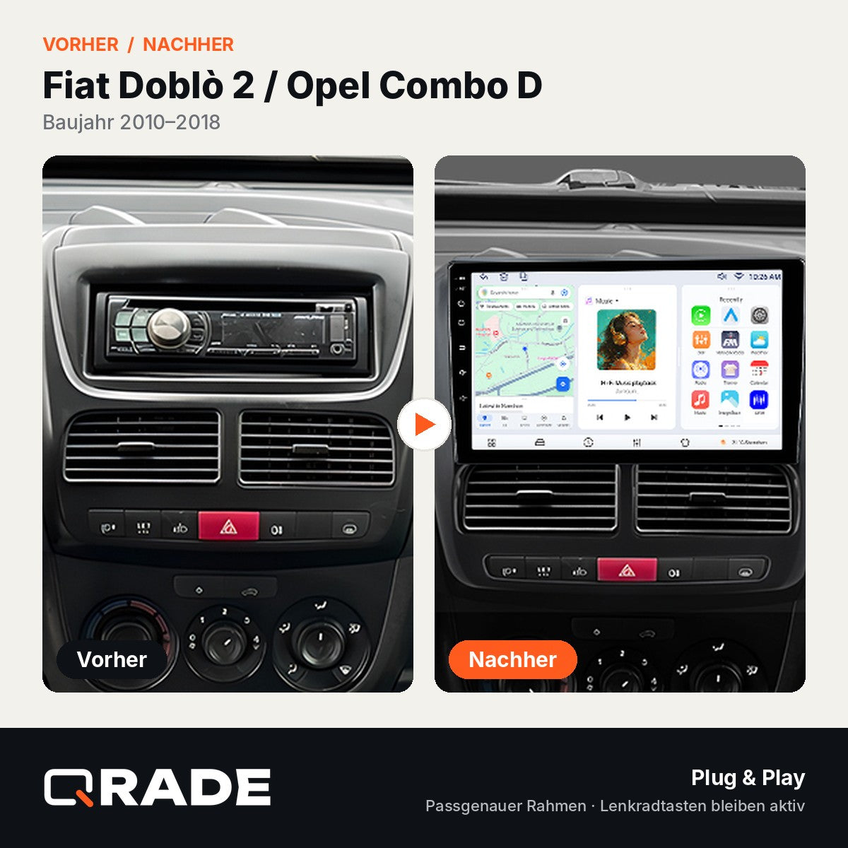 Opel Combo Tour Fiat Doblo 2010-2015 – Autoradio mit Wireless CarPlay & Android Auto
