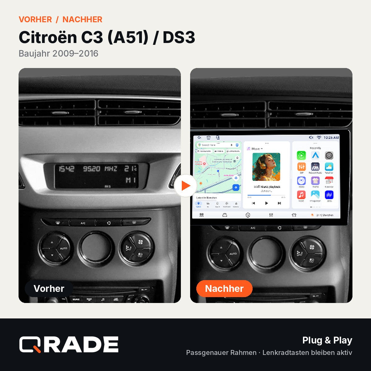 Citroen C3 DS3 2010-2016 – Autoradio mit Wireless CarPlay & Android Auto (Rahmen DS3016B)