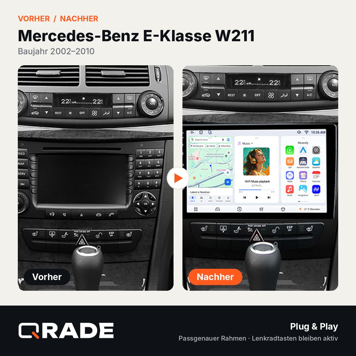 Mercedes Benz W211 E300 2002-2010 – Autoradio mit Wireless CarPlay & Android Auto