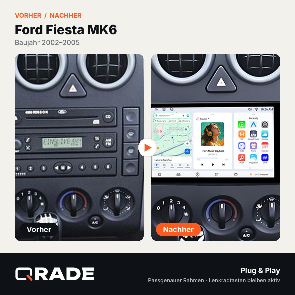 Ford Fiesta 2002–2005 – Autoradio mit Wireless CarPlay & Android Auto