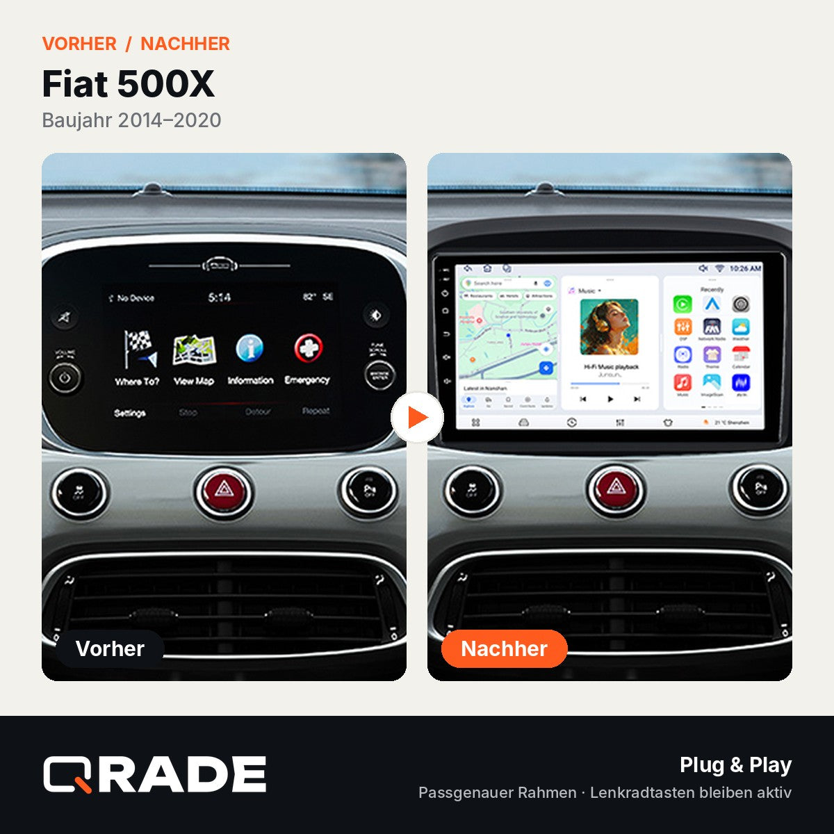Fiat 500X 2014-2020 – Autoradio mit Wireless CarPlay & Android Auto