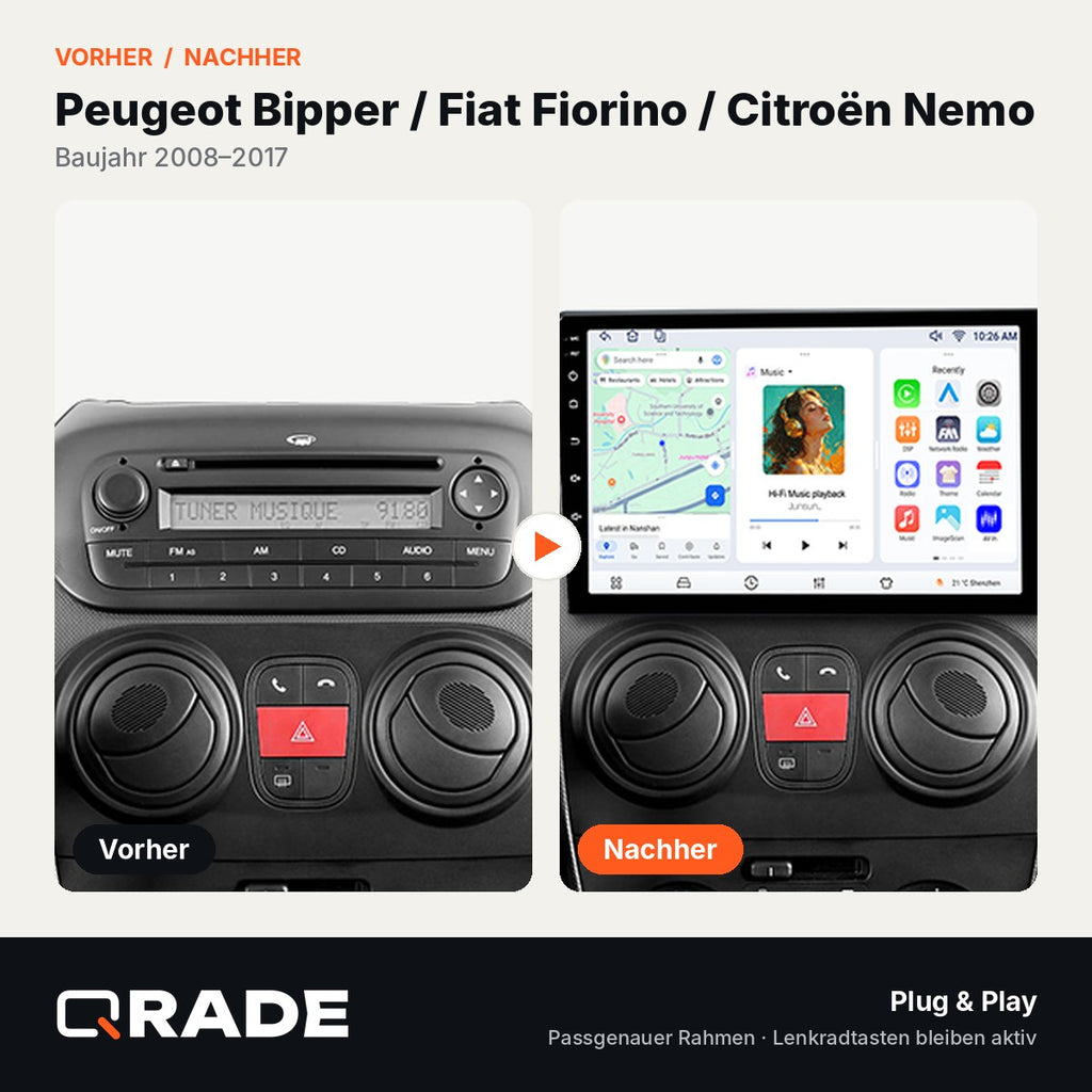 citroen memo Peugeot Bipper fiat Fiorino Qubo 2008 – Autoradio mit Wireless CarPlay & Android Auto