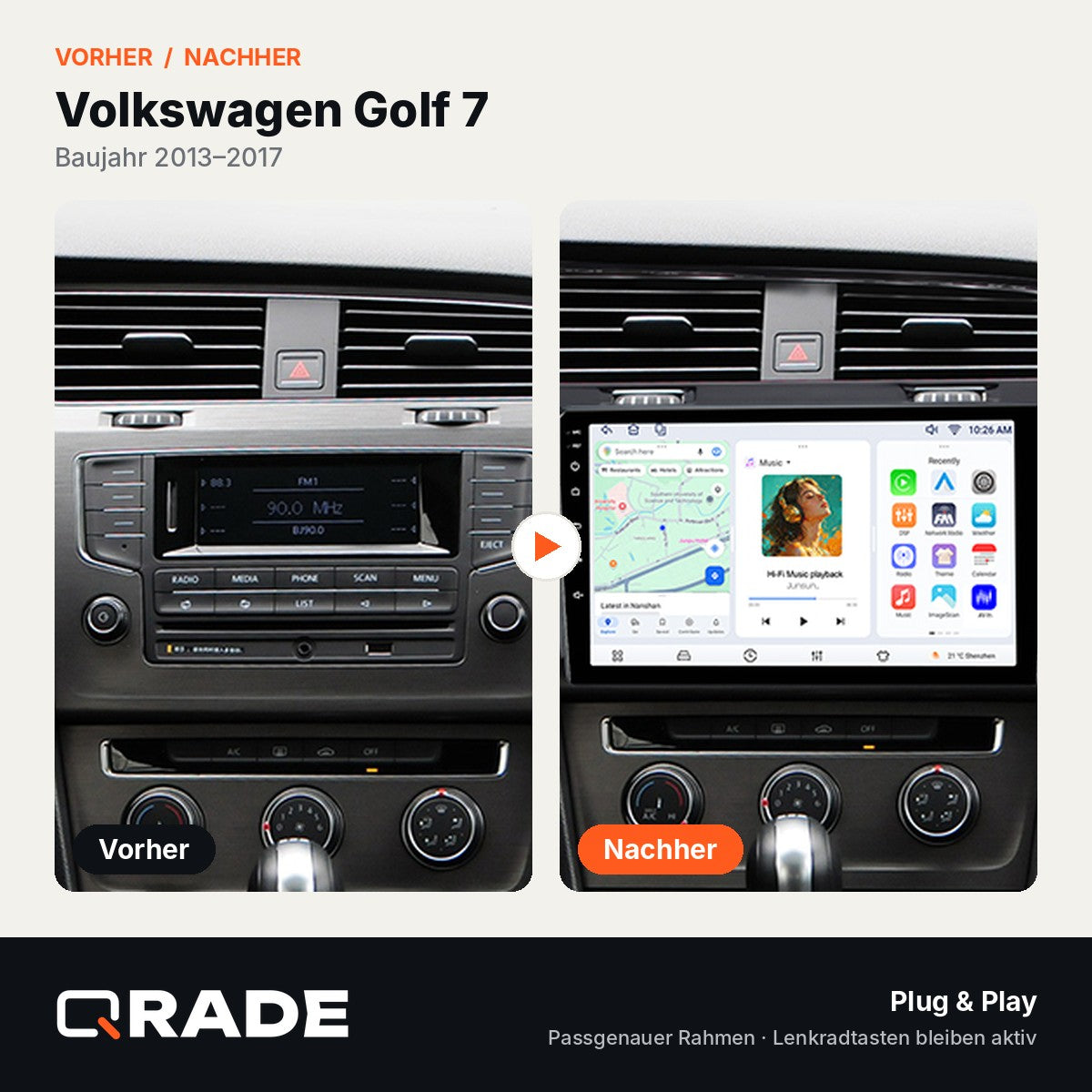 Volkswagen Golf 7 2013-2017 – Autoradio mit Wireless CarPlay & Android Auto (Rahmen schwarz)