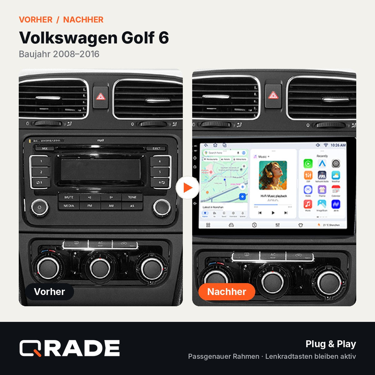 Volkswagen Golf 6 2008-2016 – Autoradio mit Wireless CarPlay & Android Auto