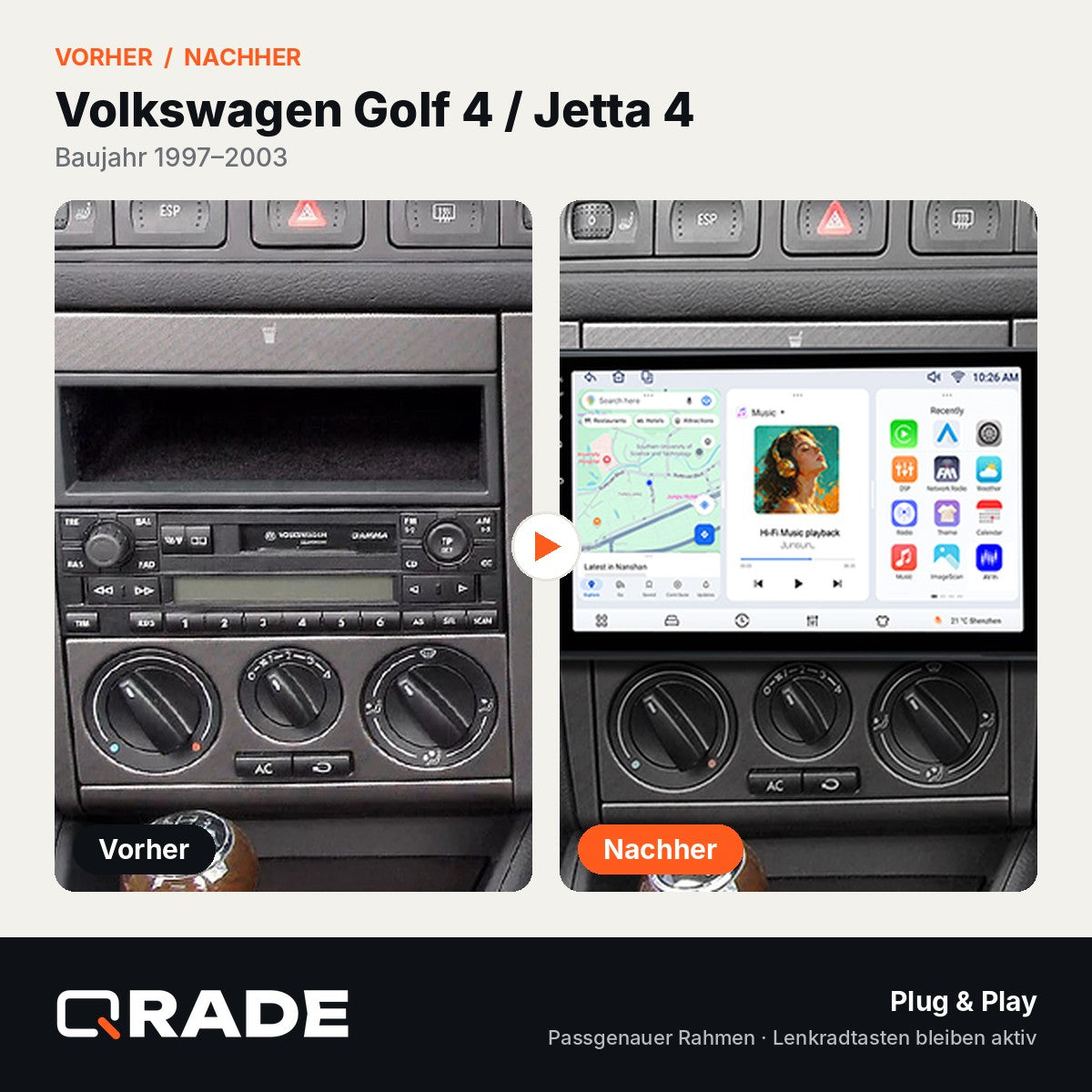 Volkswagen Golf Mk 4 2002-2007 – Autoradio mit Wireless CarPlay & Android Auto