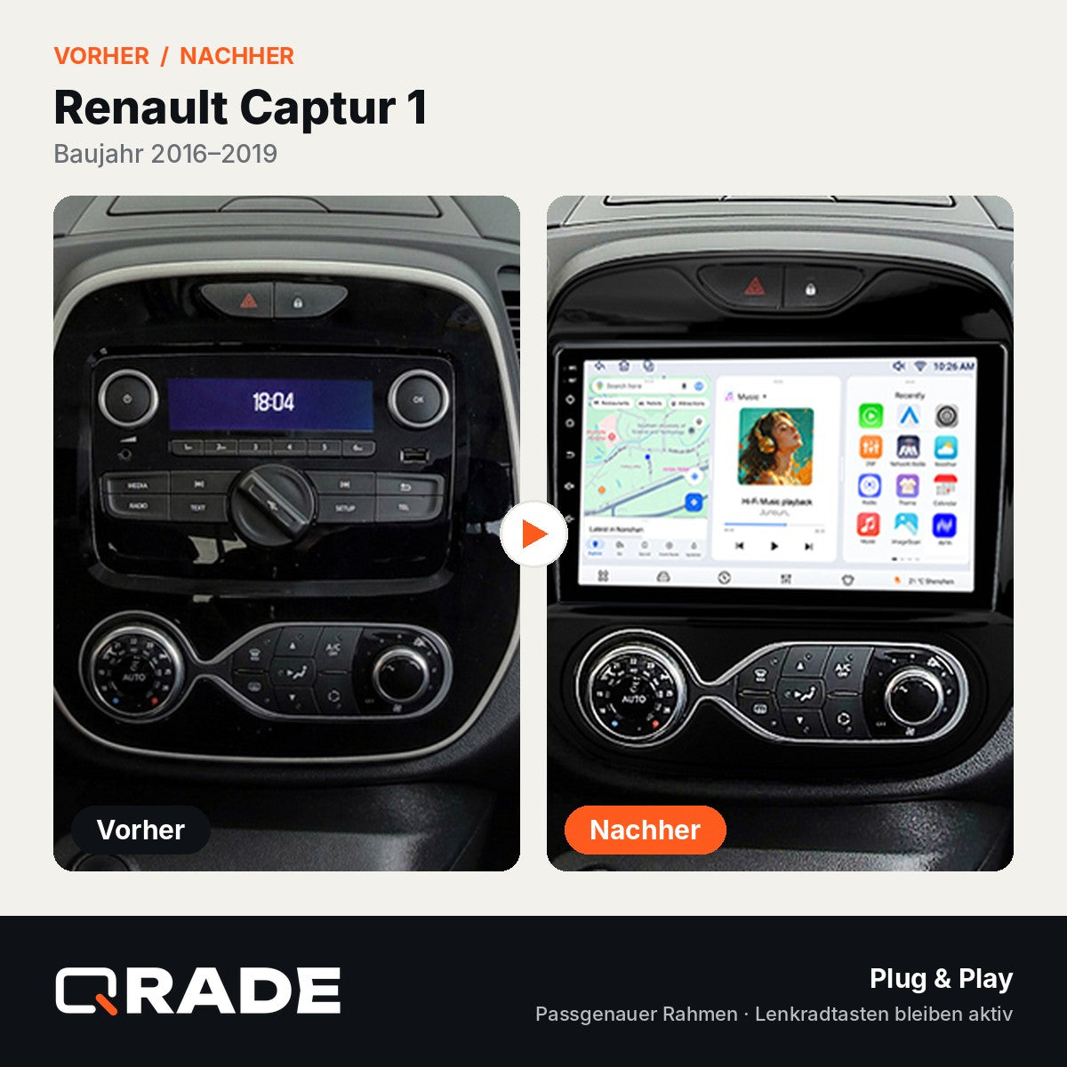 Renault Kaptur Captur 2016-2019 – Autoradio mit Wireless CarPlay & Android Auto