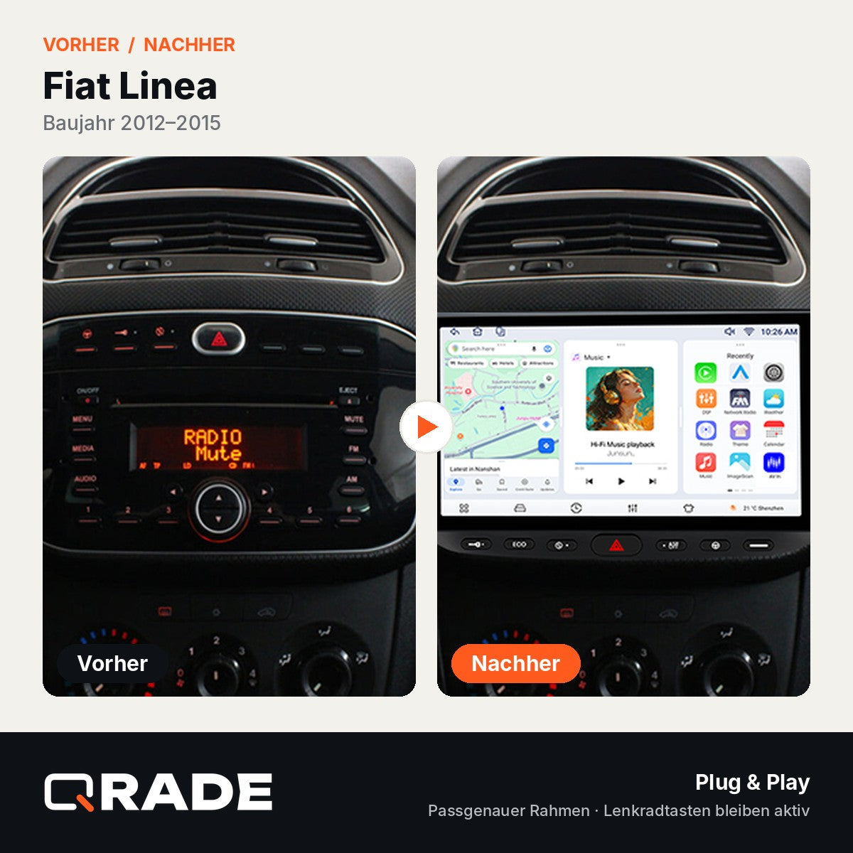 Fiat Linea 2012 - 2015 – Autoradio mit Wireless CarPlay & Android Auto