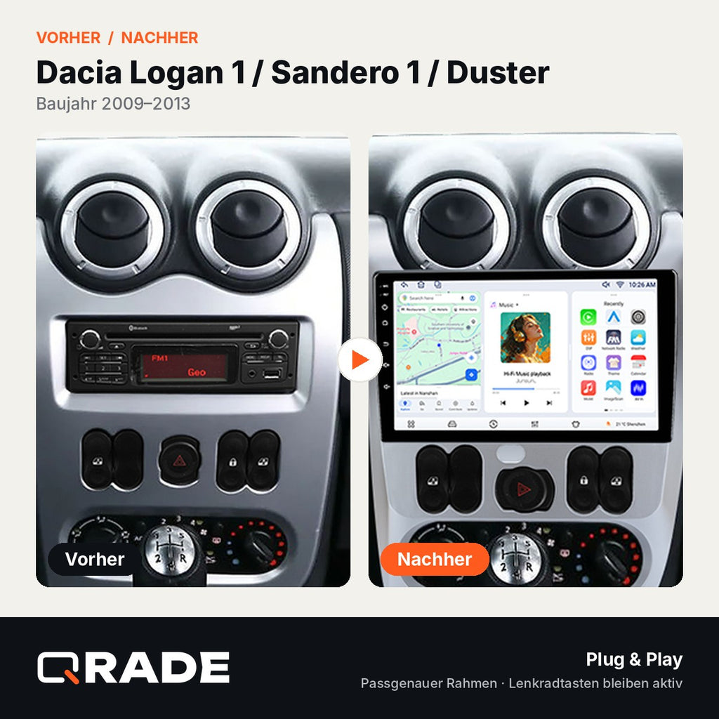 Renault Logan 1 Sandero 2009-2015 – Autoradio mit Wireless CarPlay & Android Auto (Rahmen Logan913（A）)