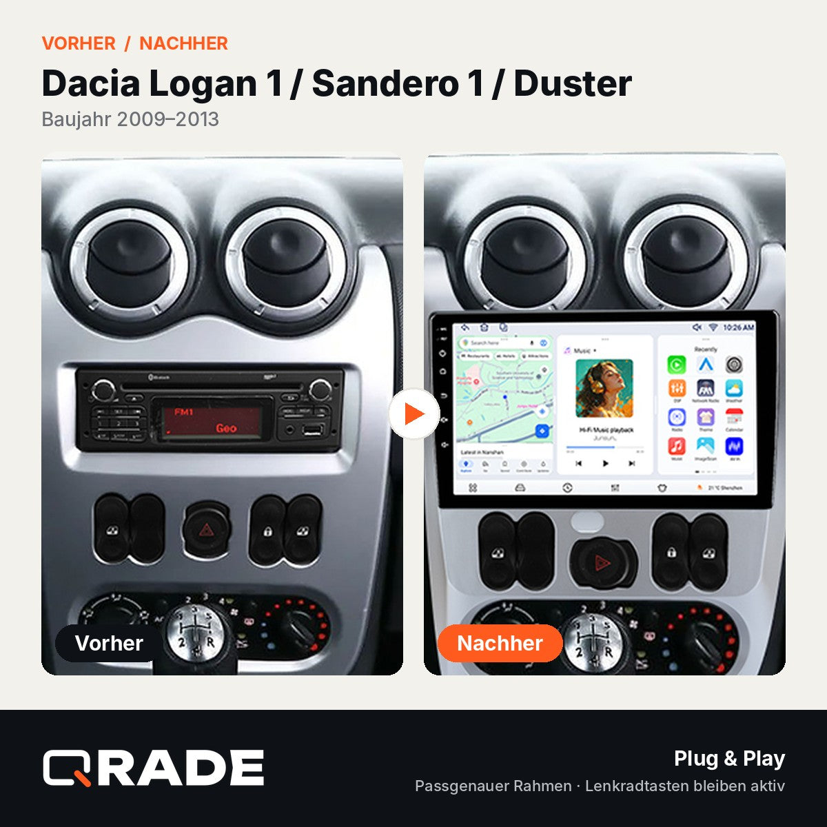 Renault Logan 1 Sandero 2009-2015 – Autoradio mit Wireless CarPlay & Android Auto (Rahmen Logan913（A）)