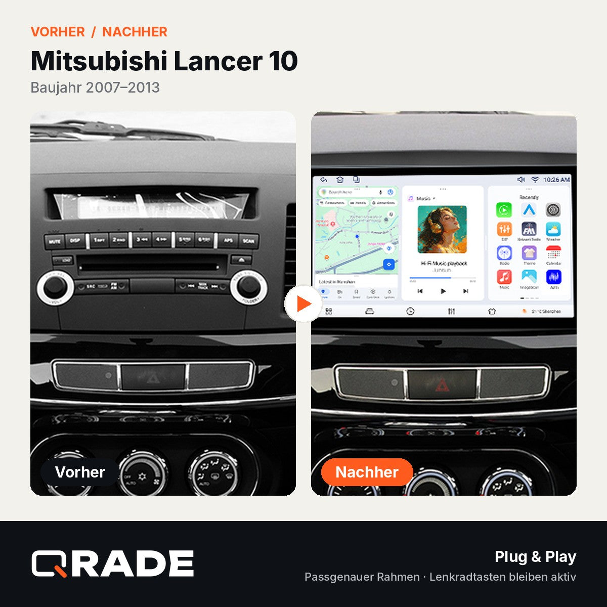 Mitsubishi Lancer 2007-2013 – Autoradio mit Wireless CarPlay & Android Auto (Rahmen Lancer10（A）)