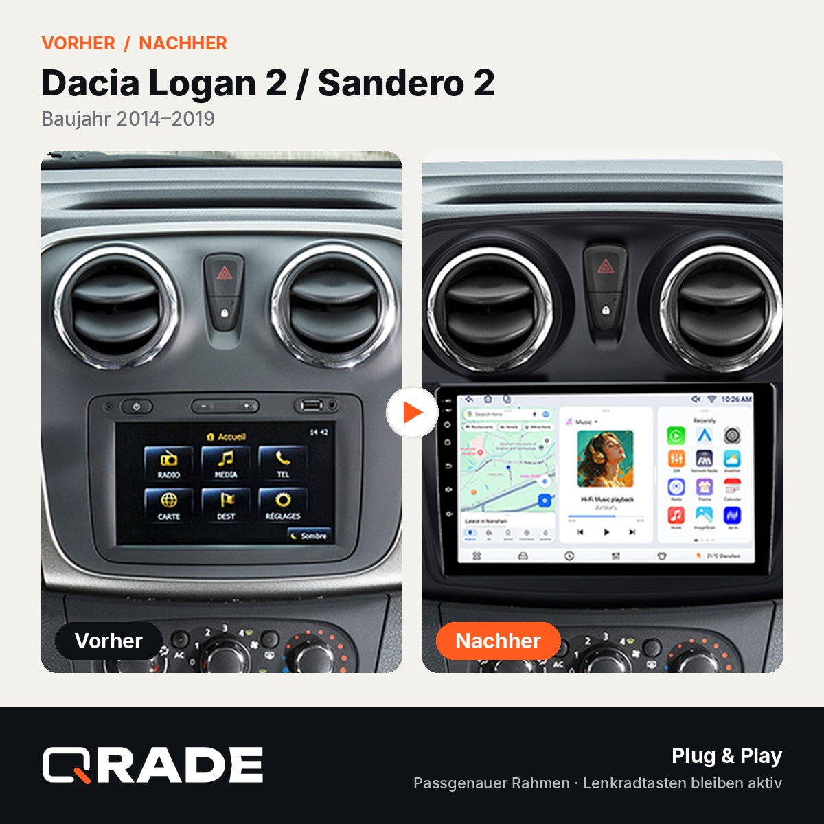 Renault Logan 2 Sandero 2014-2019 – Autoradio mit Wireless CarPlay & Android Auto (Rahmen Logan149-Y-GP （B）)