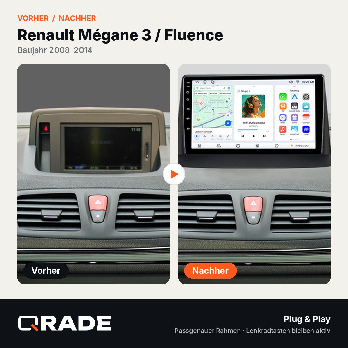 Megane3 Renault 2008 - 2014 – Autoradio mit Wireless CarPlay & Android Auto