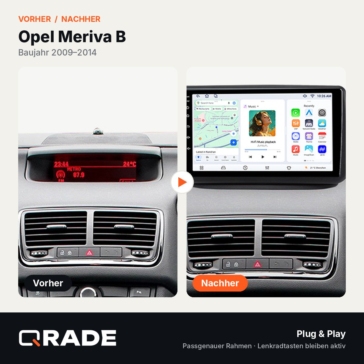 Opel Meriva B 2009-2014 – Autoradio mit Wireless CarPlay & Android Auto