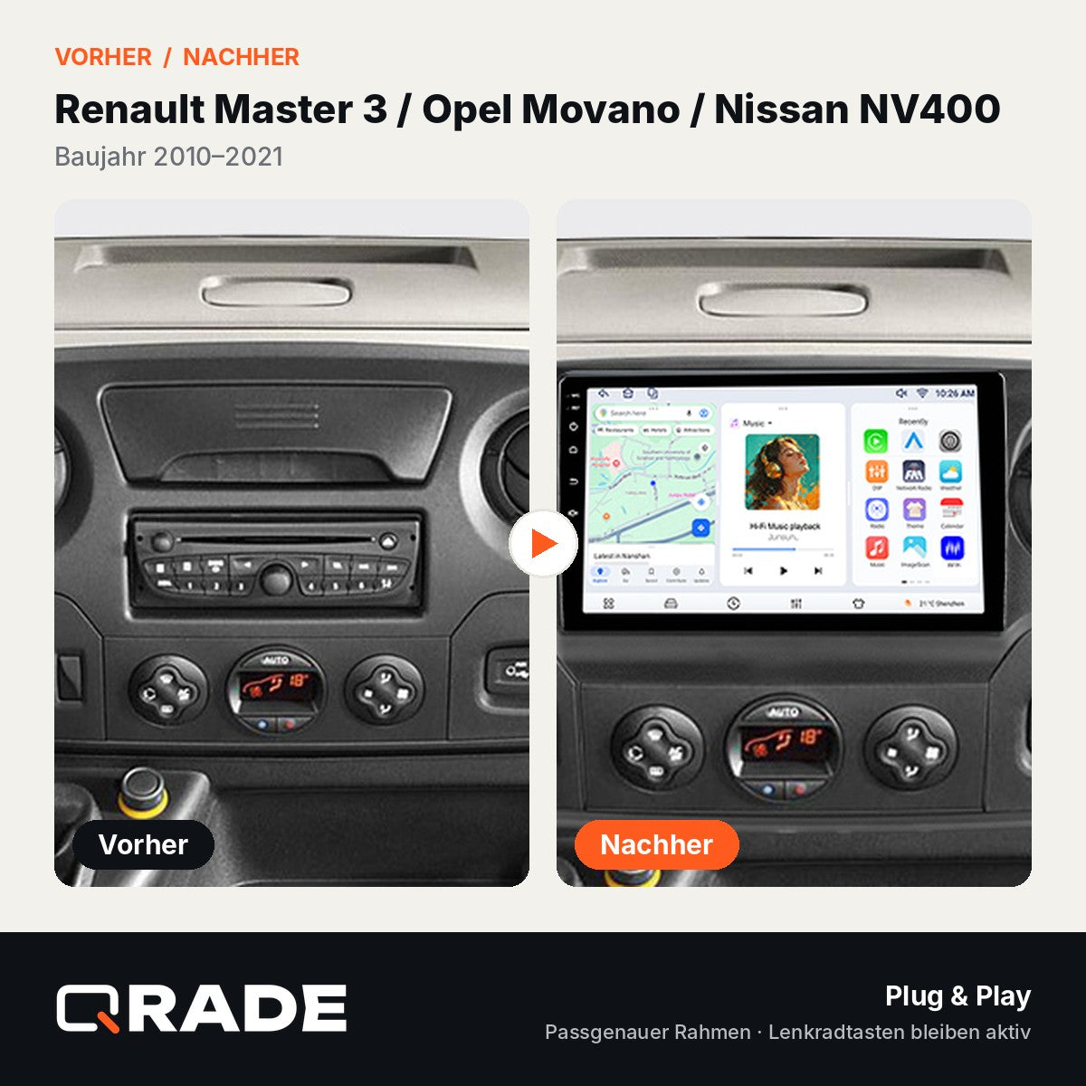 Renault Master Nissan NV400 Opel Movano 2010 - 2021 – Autoradio mit Wireless CarPlay & Android Auto