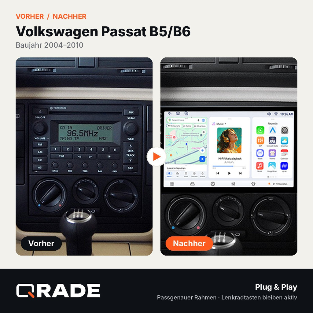 PASSAT B5/ B6 2004-2010 – Autoradio mit Wireless CarPlay & Android Auto (Rahmen PASSAT410-B)