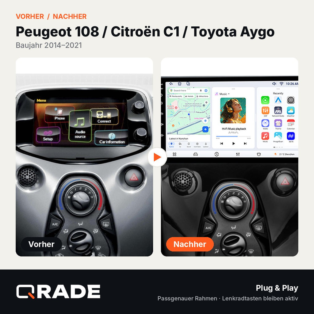 Toyota Aygo Peugeot 108 B40 2014-2021 AUTO AC – Autoradio mit Wireless CarPlay & Android Auto