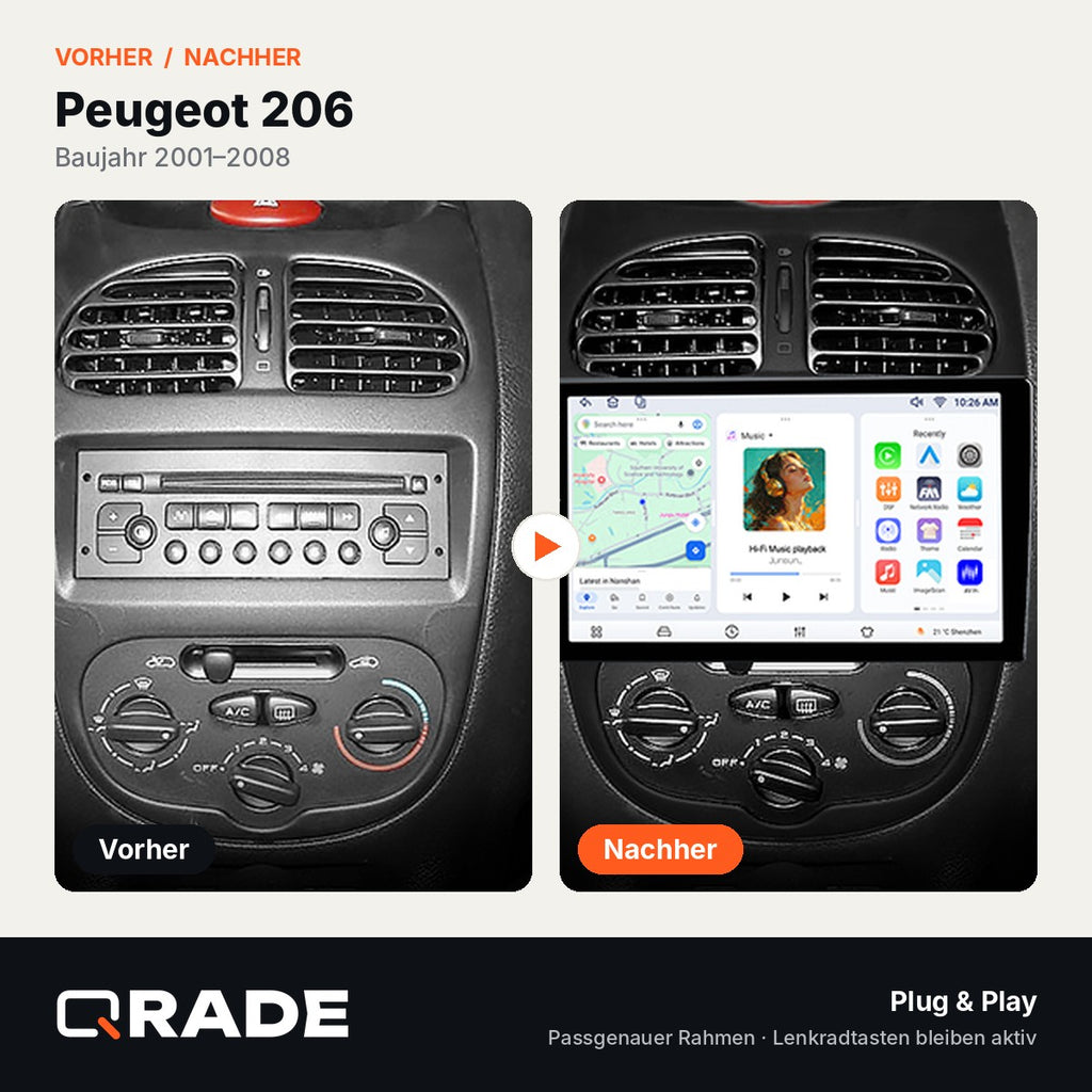 Peugeot 206 2001-2008 – Autoradio mit Wireless CarPlay & Android Auto (Rahmen PEUGEOT206 （B）)