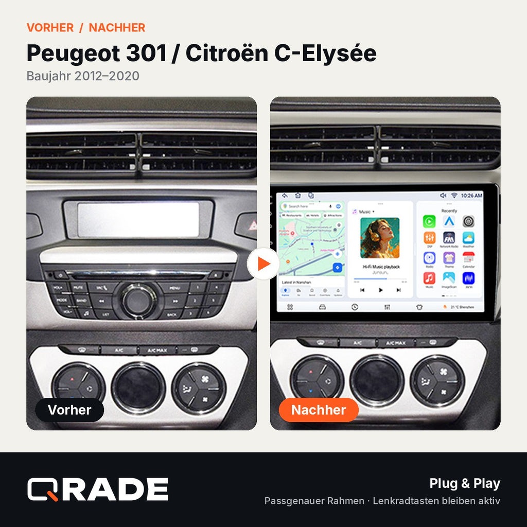 Peugeot 301 Citroen Elysee 2013-2018 – Autoradio mit Wireless CarPlay & Android Auto