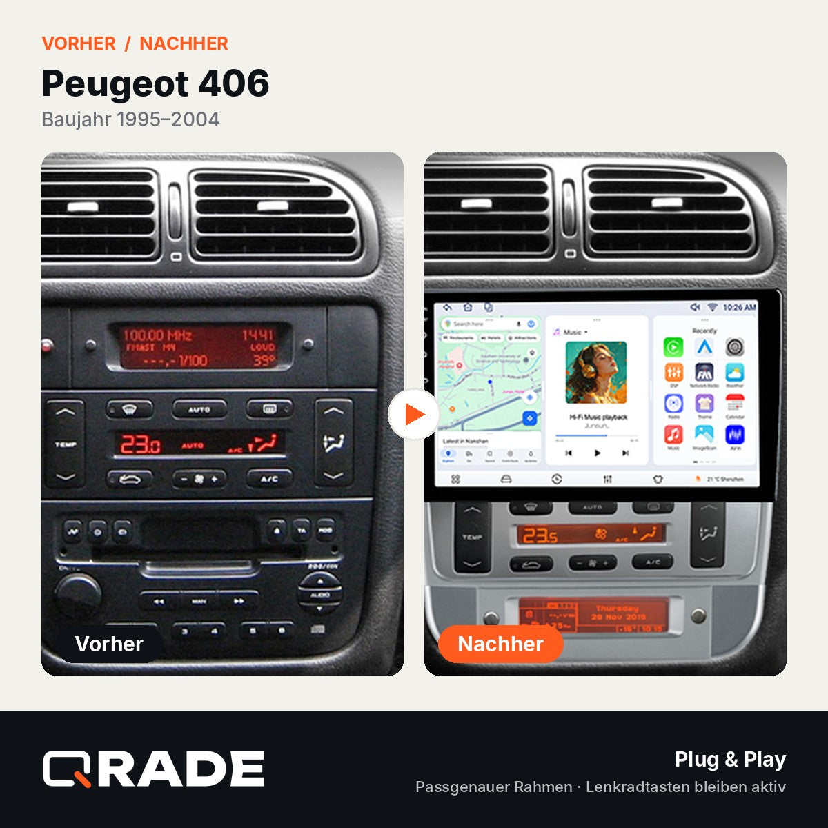 Peugeot 406 1994-2005 – Autoradio mit Wireless CarPlay & Android Auto