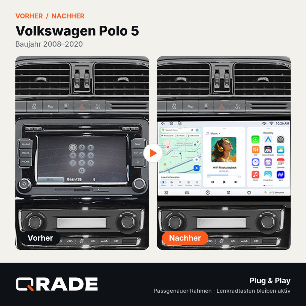 VW Volkswagen POLO 5 sedan 2008-2020 – Autoradio mit Wireless CarPlay & Android Auto