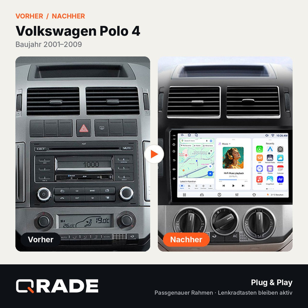 Polo Mk4 IV 2001-2009 MANUAL AC – Autoradio mit Wireless CarPlay & Android Auto
