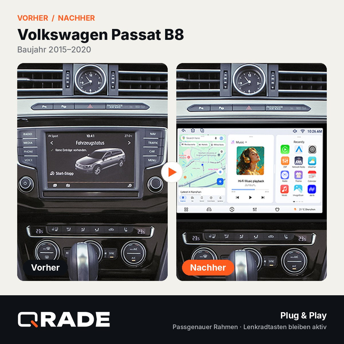 Volkswagen Passat B8 2015-2020 – Autoradio mit Wireless CarPlay & Android Auto