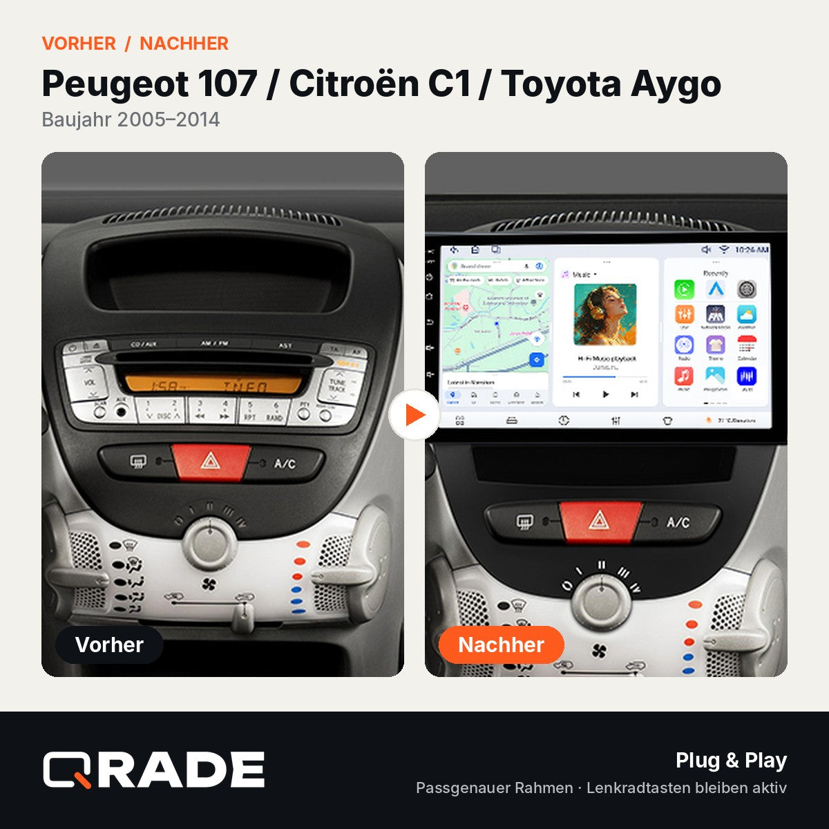 Peugeot 107 Citroen C1 2005-2014 – Autoradio mit Wireless CarPlay & Android Auto