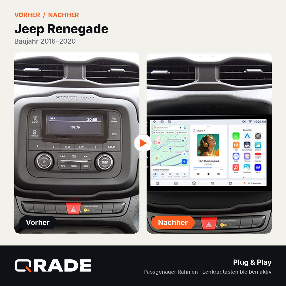 Jeep Renegade 2016-2020 – Autoradio mit Wireless CarPlay & Android Auto