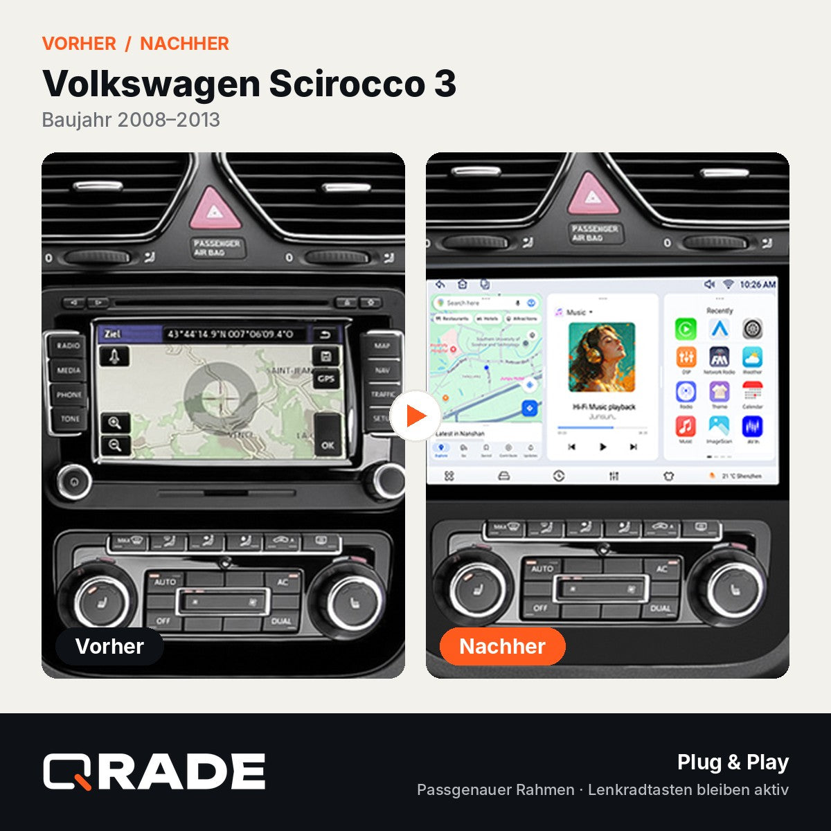 Volkswagen Scirocco MK3 2008 – 2013 – Autoradio mit Wireless CarPlay & Android Auto