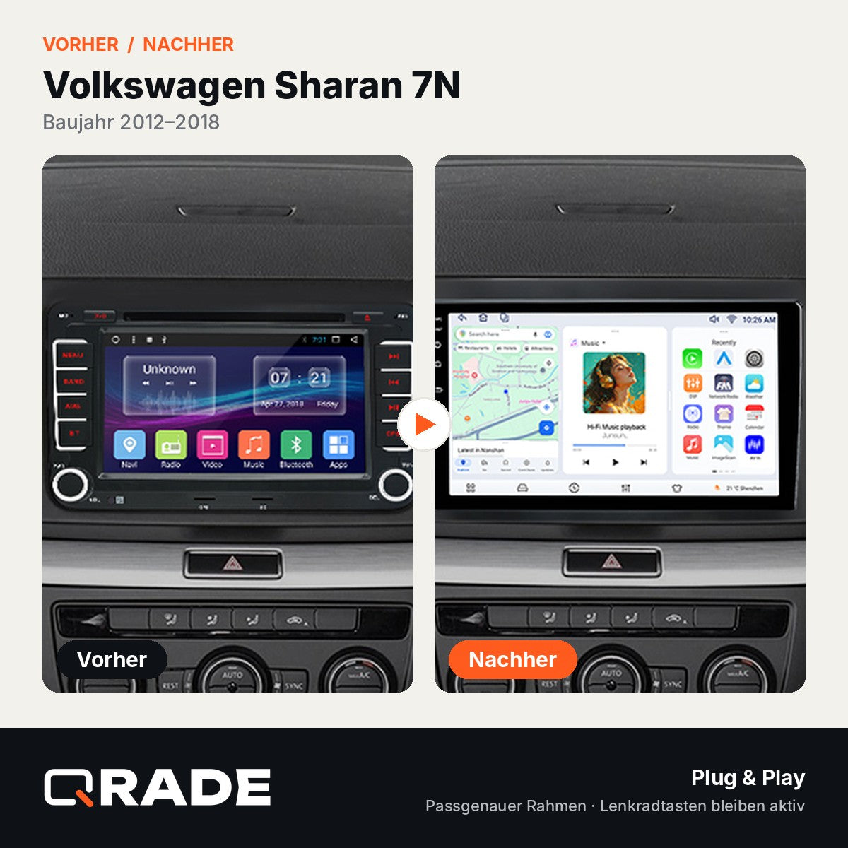 VW Volkswagen Sharan 2012-2018 – Autoradio mit Wireless CarPlay & Android Auto