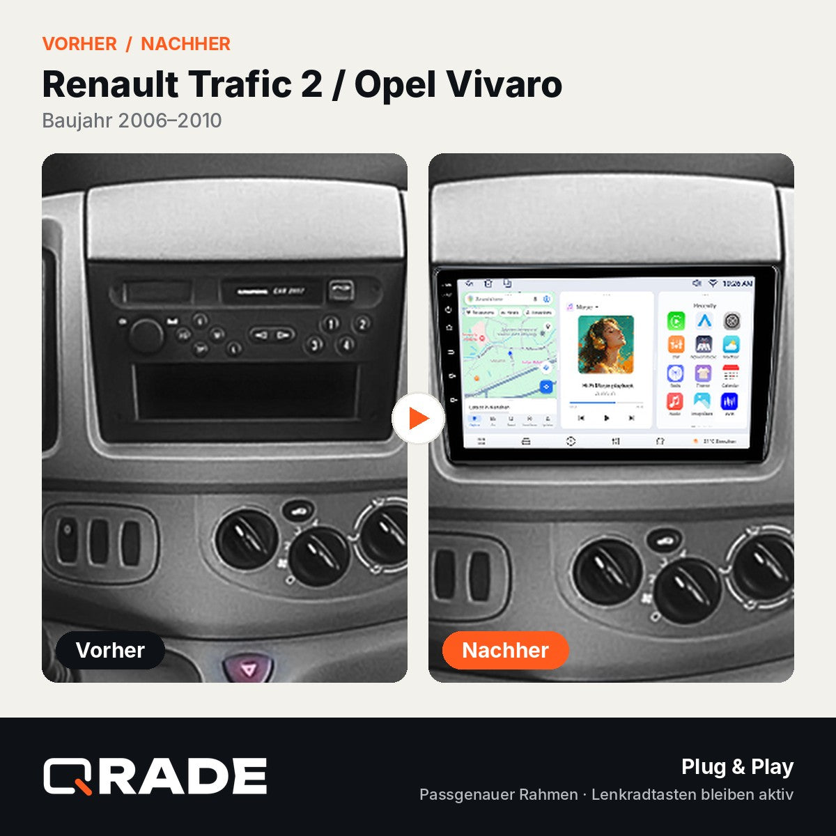 Renault Trafic Nissan Primastar Opel Vivaro 2006-2010 – Autoradio mit Wireless CarPlay & Android Auto