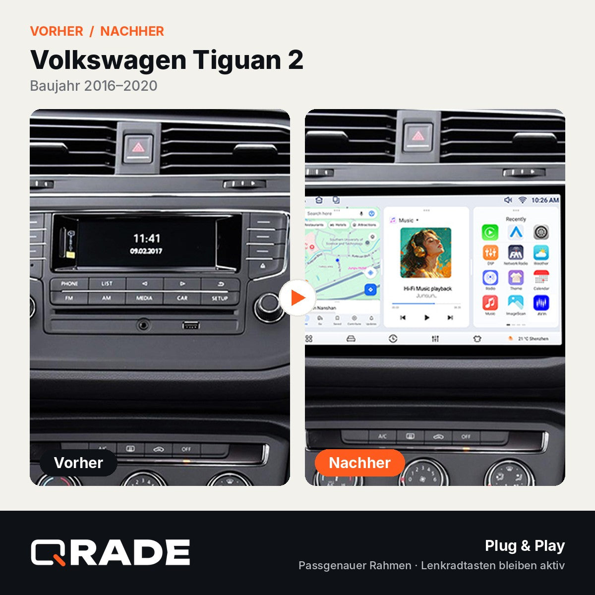 Volkswagen Tiguan R-line 2016-2020 – Autoradio mit Wireless CarPlay & Android Auto