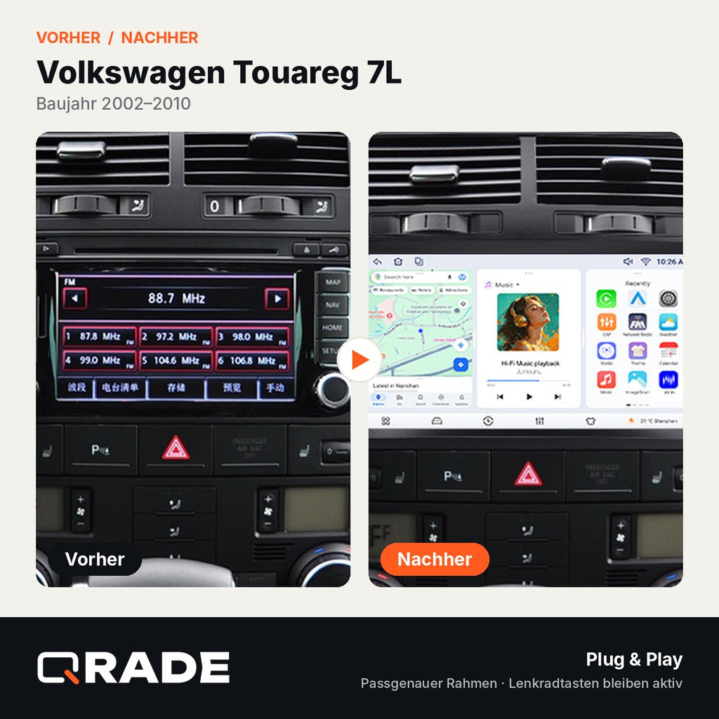Volkswagen Touareg 2002-2010 – Autoradio mit Wireless CarPlay & Android Auto (Rahmen Touareg021)