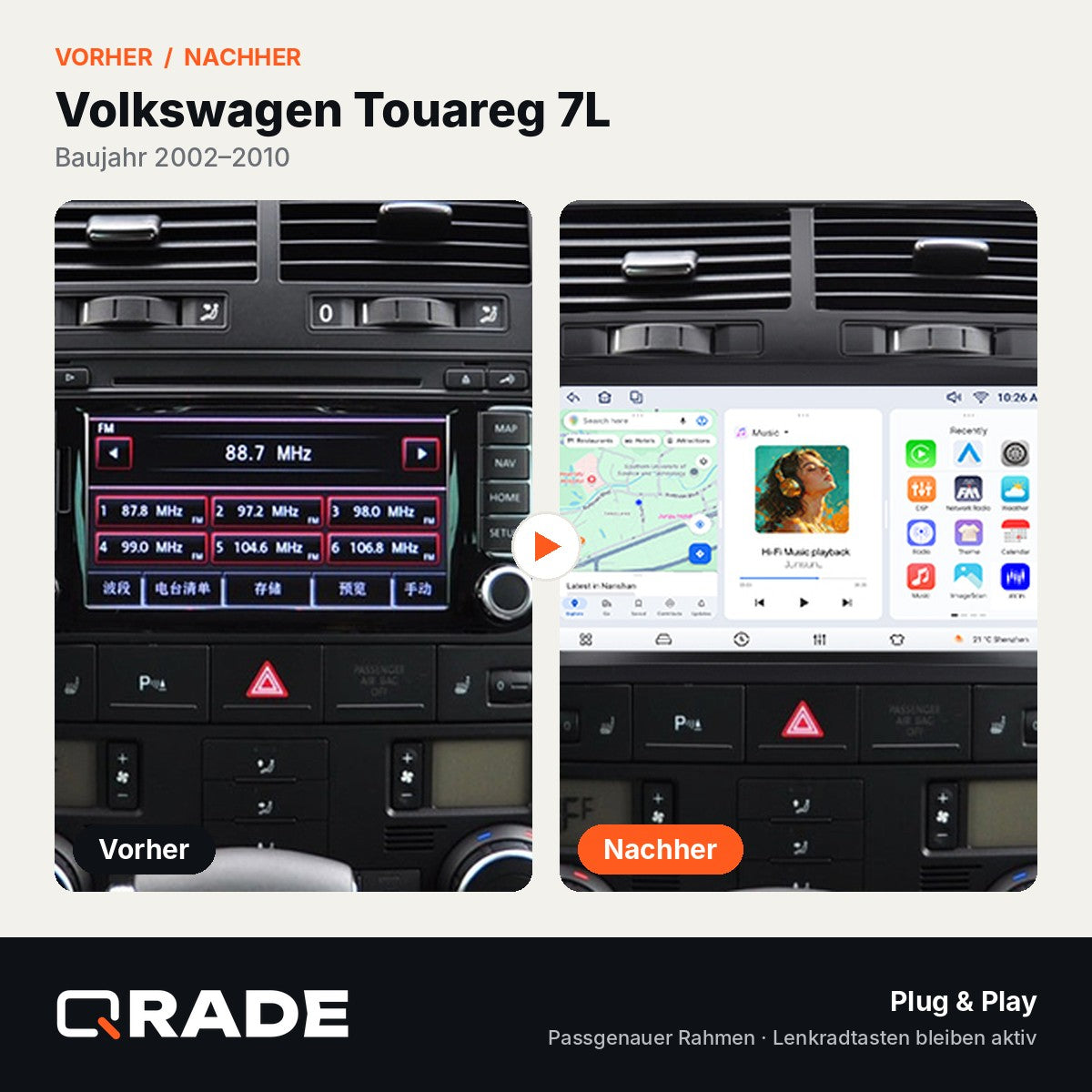Volkswagen Touareg 2002-2010 – Autoradio mit Wireless CarPlay & Android Auto (Rahmen Touareg021)