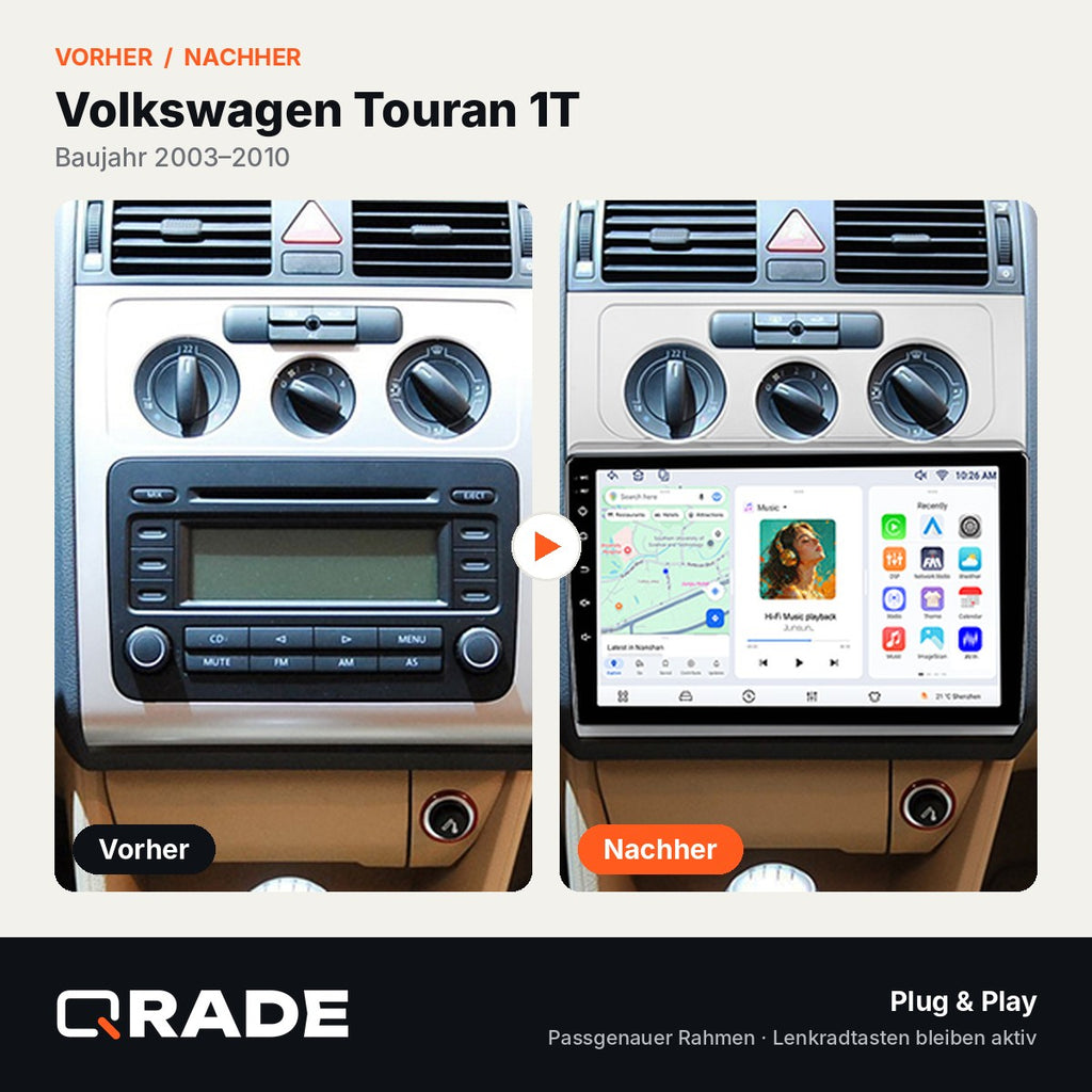 Volkswagen VW Touran 1 2003-2010 – Autoradio mit Wireless CarPlay & Android Auto (Rahmen Touran0310-ZD)