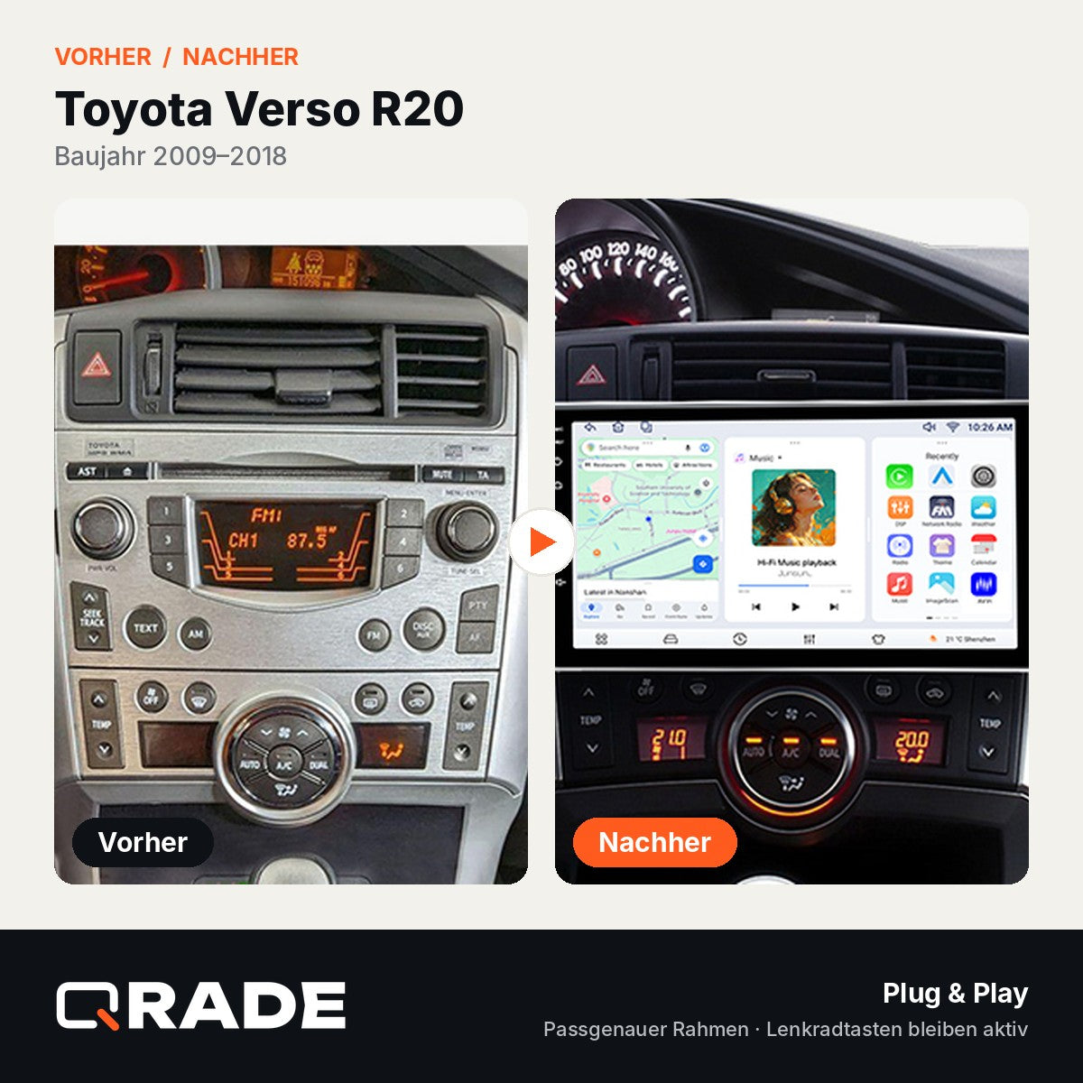 Toyota Verso R20 2009 - 2018 – Autoradio mit Wireless CarPlay & Android Auto (Rahmen Verso0918-GP)