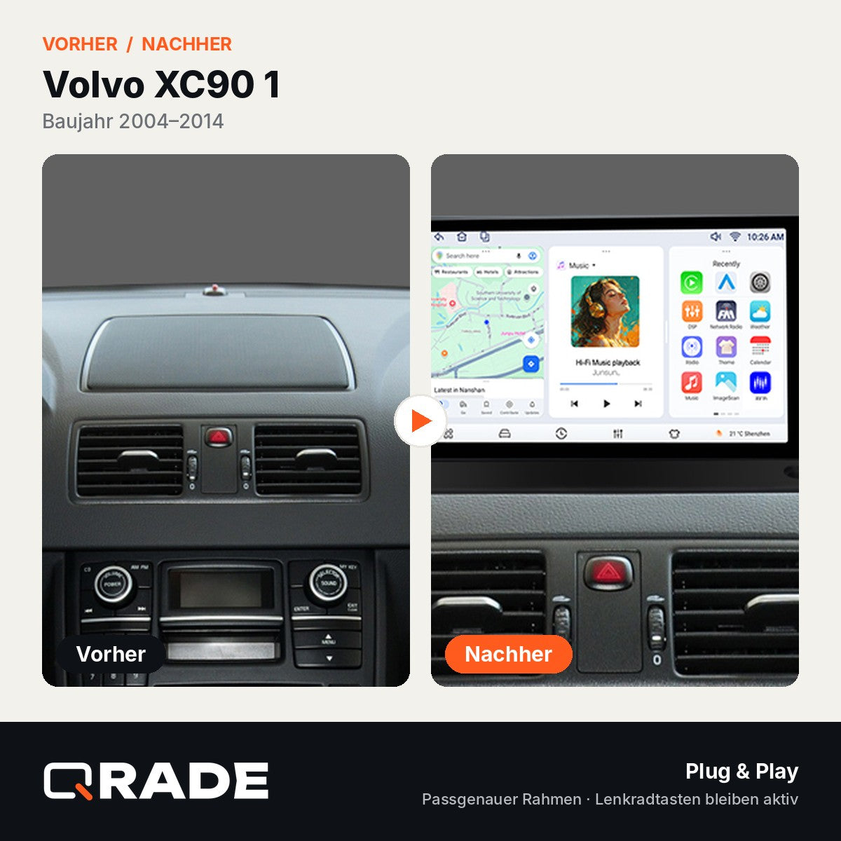 Volvo XC90 2004-2014 – Autoradio mit Wireless CarPlay & Android Auto (Rahmen XC90（A）)