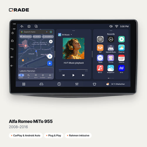 Qrade Autoradio für Alfa Romeo MiTo 955 (2008–2016) mit Wireless CarPlay & Android Auto